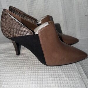 Anne Klein Akyanessi Brown Leather Snakeskin Mixed Media Pointed Toe Pumps 9M